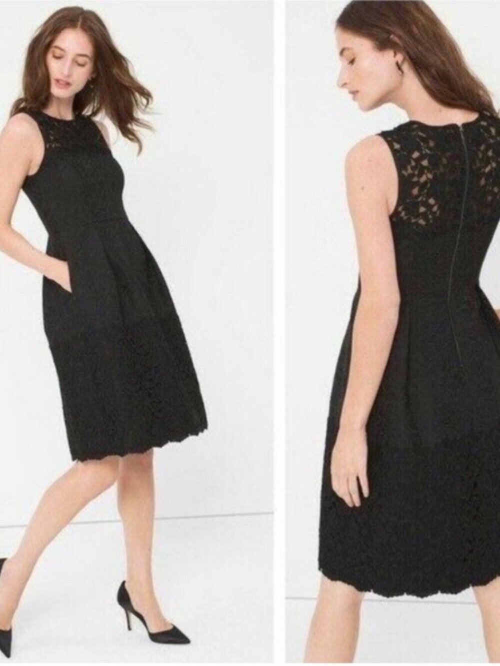NWT WHBM Black Sleeveless Jacquard Lace Combo Fit & Flare Dress, Size 0